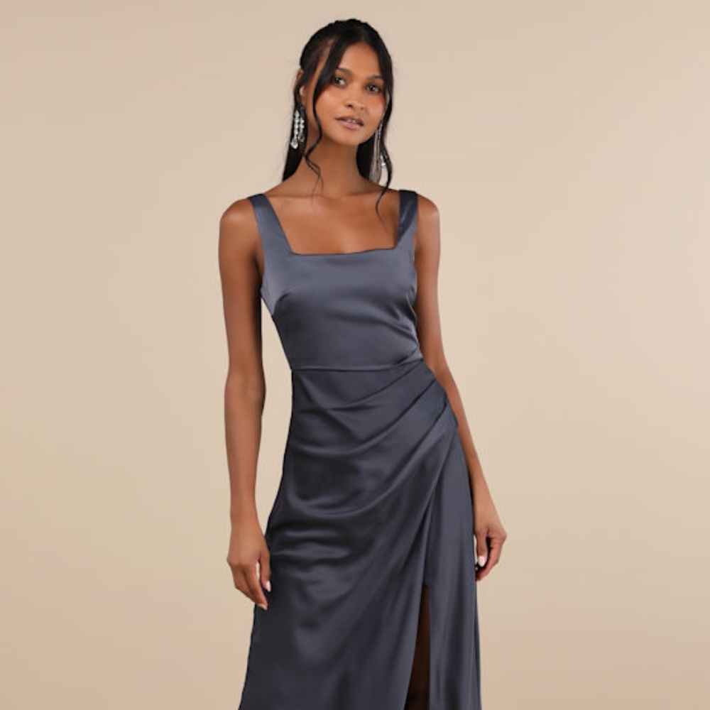 Lulus Red Carpet Romance Dark Grey Satin Square Neck Maxi Dress - Size M
